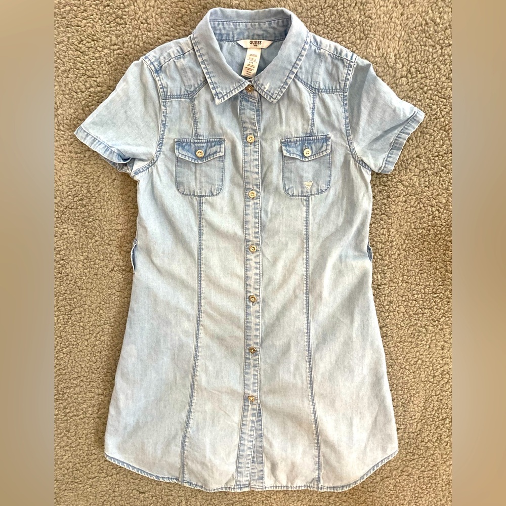 GUESS Kids Denim Chambray Jewel Logo Button Front Girl’s Dress Size L (14)